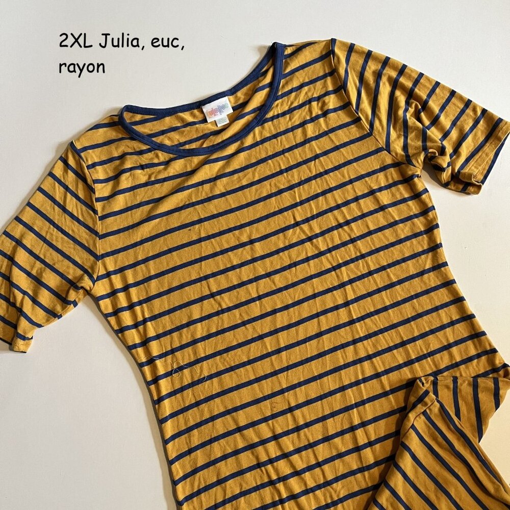 2XL Lularoe Julia sheath dress, gold with blue stripes, rayon